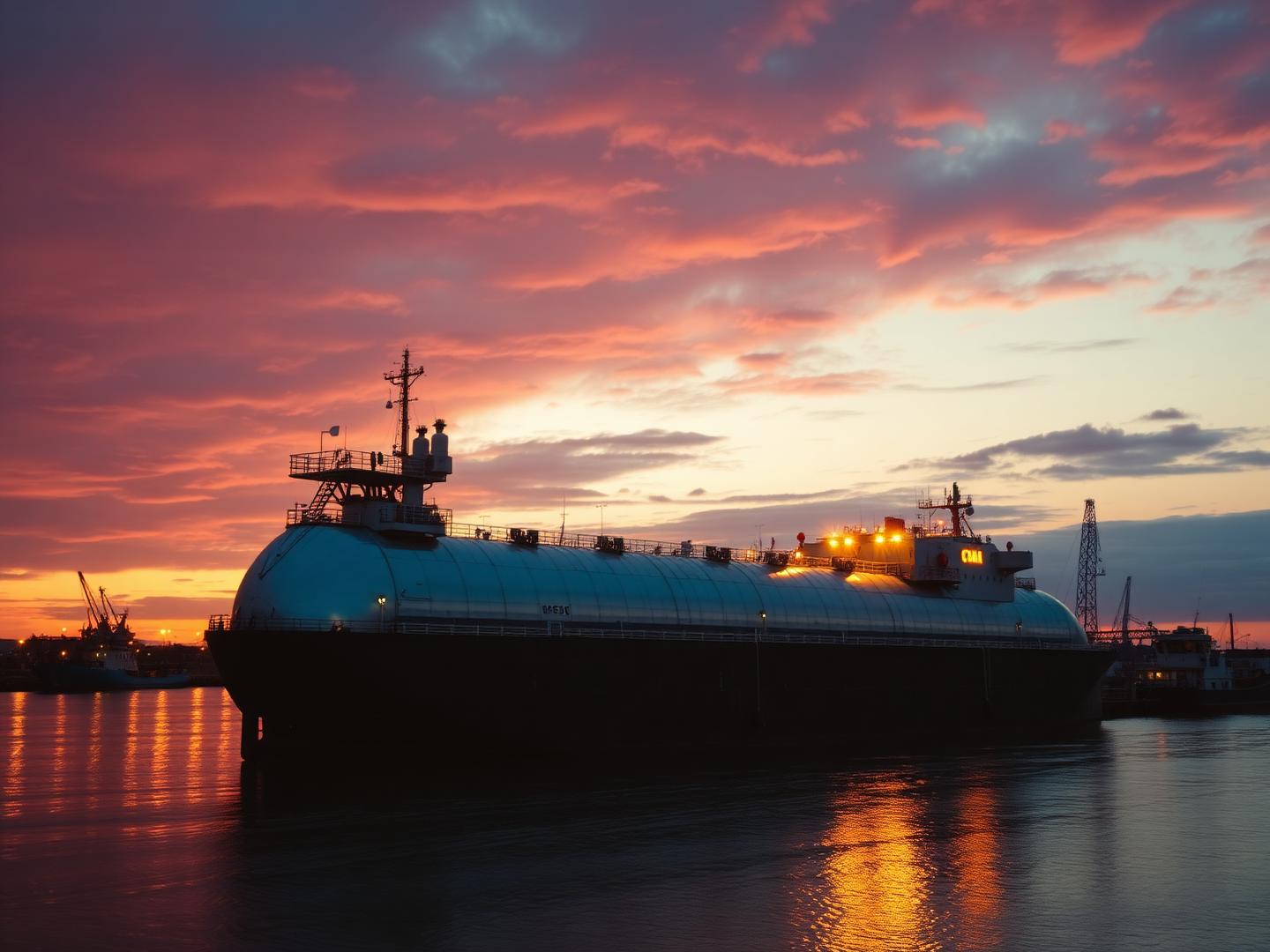 Oil tanker moored at a port under a warm dusk sky